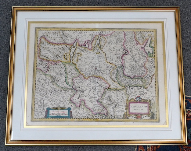 Enrico Hondius, hand coloured map of Milan, Mediolanum Ducatus, details verso, 40 x 53cm